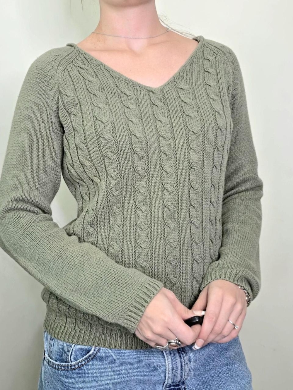 90s Vintage green cable knit vneck sweater